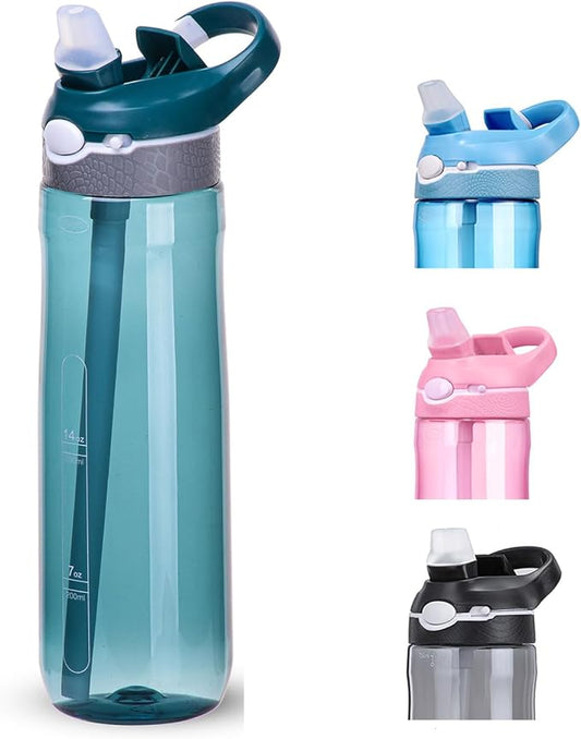 SHELFLOVER Dark Cyan Water Bottle With Narrow Straw, BPA FREE Clear Bottles With Handle One Hand Use Easy Carried, Flip Up, Suit School, Office, Gym, Office, 24oz (750ml)