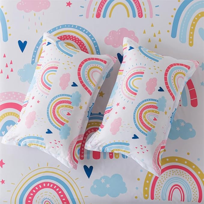 qjmiaofang Girls Rainbow Fitted Sheet Full Size Rainbow Sheets 4pieces Cartoon Cloud Bedding Set Girly Rainbow Bed Sheet Set Stars Sheet Set 1 Fitted Sheet 1 Flat Sheet 2 Pillowcase for Home