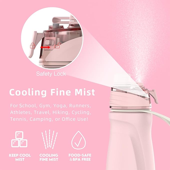 Misting Water Bottle, 24oz Insulated Water Bottle, 2-in-1 Mist & Sip Stainless Steel Water Bottles, Thermo for Hot Drinks/Cold Drinks, Sports Water Bottle for Hiking, Running, Gym, Light Pink