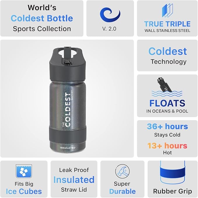 Coldest Sports Water Bottle - Straw Lid Bottle with Handle Leak Proof, Vacuum Insulated Stainless Steel, Double Walled, Thermo Mug, Metal | Stardust 14 oz