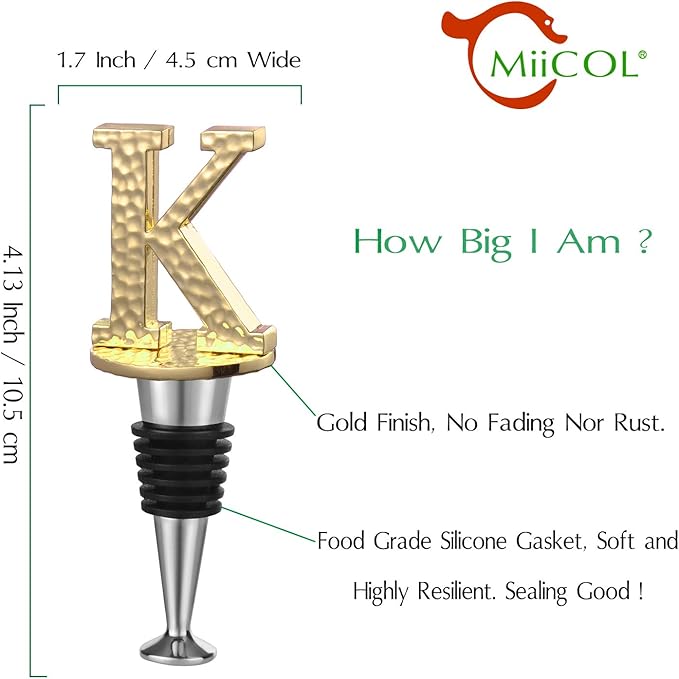 Miicol Wine Stopper, Prosecco Stopper, Wine Bottle Stopper, Personalised Champagne Stopper, Gold Wine Accessories, Wine Lovers Gift, Monogram Gift, Letter K