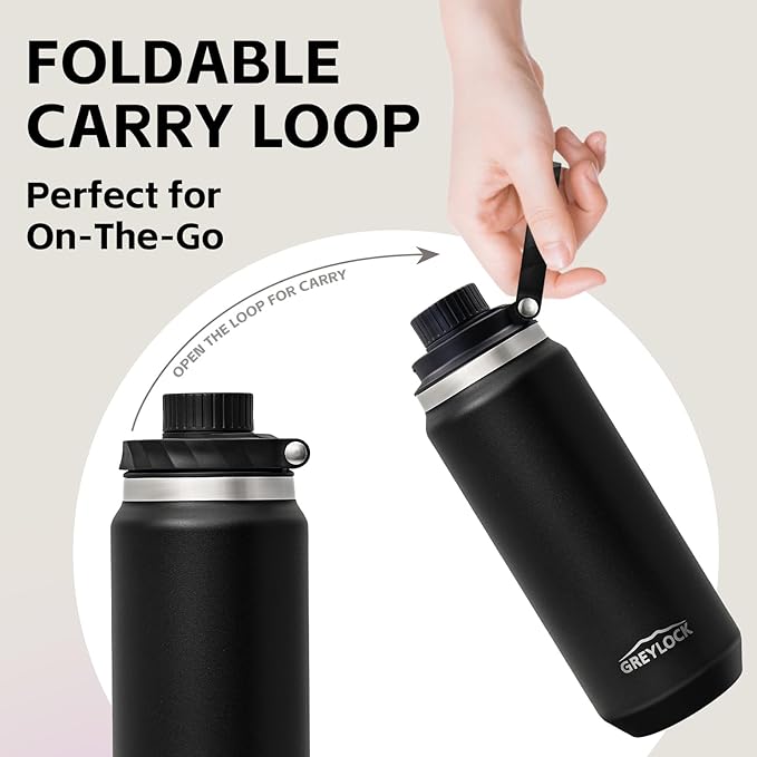 Greylock 20 oz Black Water Bottle Insulated with Straw Lid, Reusable Metal Water Bottle Stainless Steel with Carry Handle for Travel,Sports, BPA-Free Leak Proof When Closed, Cold for 24 Hours