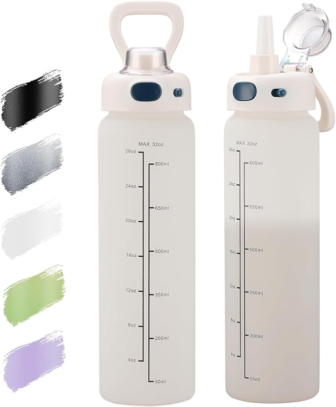 SIEROZUR 32 oz Glass Water Bottle with Straw and Handle Large Sports Motivational Water Bottle with Locking Lid and Time Marker Leakproof Water Jug for Daily Hydration Intake BPA Free