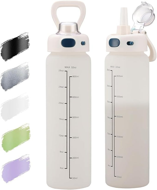 SIEROZUR 32 oz Glass Water Bottle with Straw and Handle Large Sports Motivational Water Bottle with Locking Lid and Time Marker Leakproof Water Jug for Daily Hydration Intake BPA Free