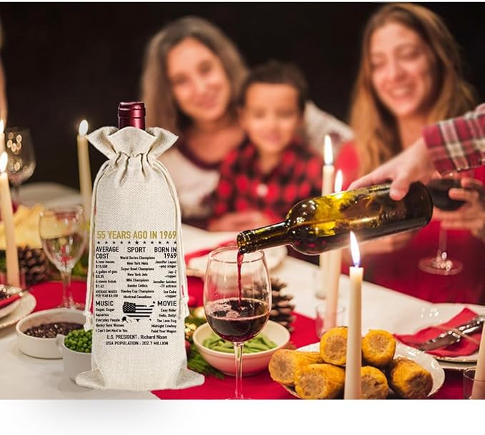 Qubereeree 55th Birthday Gifts for Women Men Funny 55 Year Ago in 1969 Birthday Party Decorations Wine Bags for Mom Dad Grandma Coworker, 55 Year Old Birthday Gifts Vintage 1969 Wine Bag-1