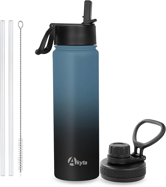 Sports Stainless Steel Water Bottle with Straw, Spout lid-24OZ -Wide Mouth Vacuum Insulated Thermos Water Bottles, Keep Water Cold/Hot, Metal Water Bottle for Biking Hiking (24 oz, Indigo black)
