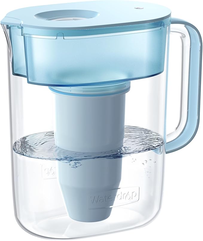 Waterdrop TDS Reduction Water Filter Pitcher with 1 Filter, 10-Cup, 4-Stage Filtration System, Reduces PFOA/PFOS, Lead, Chlorine, and More, BPA Free, Blue