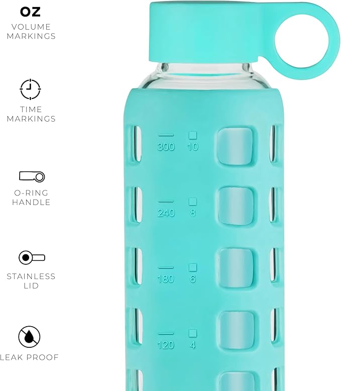 purifyou Premium 40/32 / 22/12 oz Glass Water Bottles with Volume & Times to Drink, Silicone Sleeve & Stainless Steel Lid Insert, Reusable Bottle for Fridge Water, Milk, Juice (12oz Aqua Blue)