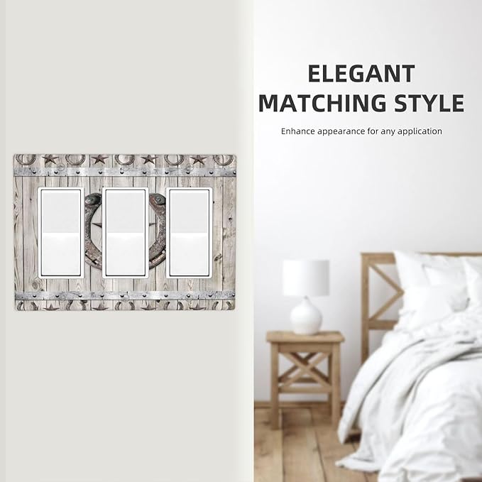 Rustic Western Wood Barn Door Horseshoe Iron Star 3 Gang Rocker Light Switch Covers Triple Outlet Wall Plate Decorative Switchplate Cover Faceplate GFCI for Farmhouse Country Bedroom Decor