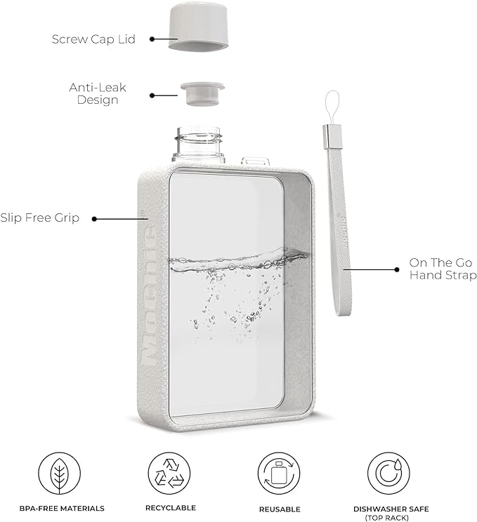 Mochic 13oz Portable Water Flask Flat Water Bottle for Purse Mug BPA Free A5 Slim Square Water Bottle Flask Leak Proof Plastic Flask Bottle for Travel (White)