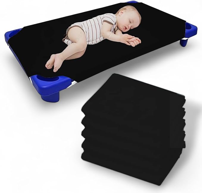 Pack of 6 Cot Sheet for Daycare Preschool Cot Bed -Polyblend Fabric with Corner Elastic Cots Sheets Fits On 22" X 40" Inches Size Toddler and Preschool Daycare Cot Black 22 X 40 Size
