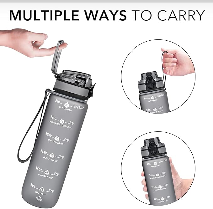 GOSWAG Water Bottles, 32 oz Motivational Sports Water Bottle with Straw and Time Marker to Remind You to Drink, Comes with Carry Strap, Leakproof