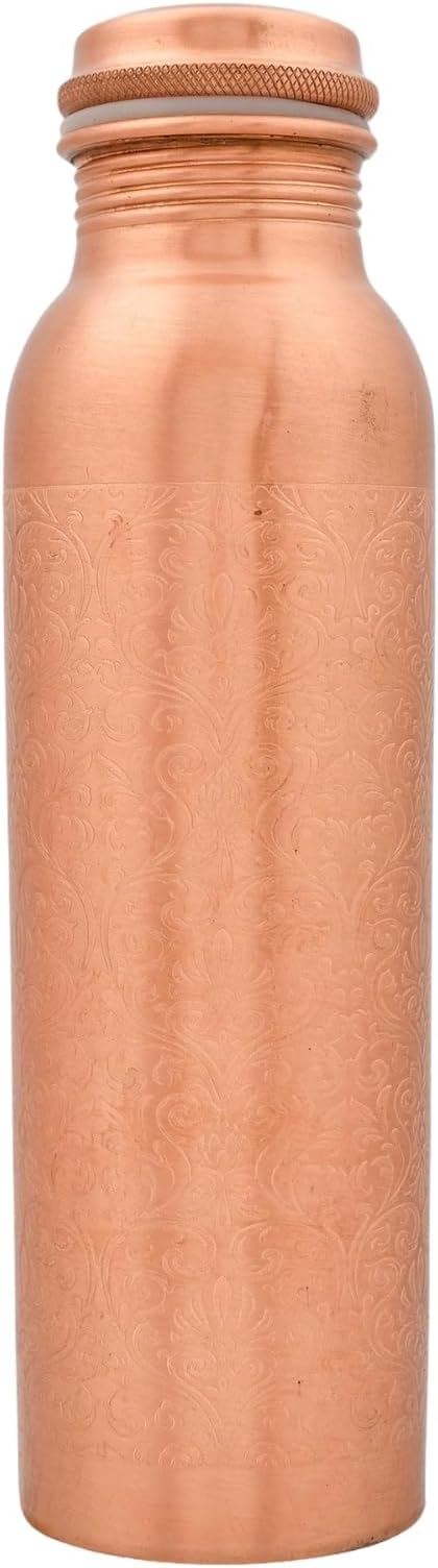 Pure Copper Metal Water Bottle - 32 oz - Indian Handmade Ayurveda Healing Drinking Water Bottle for Travel, Hiking, Gym, Office, Outdoor - Glossy Etching