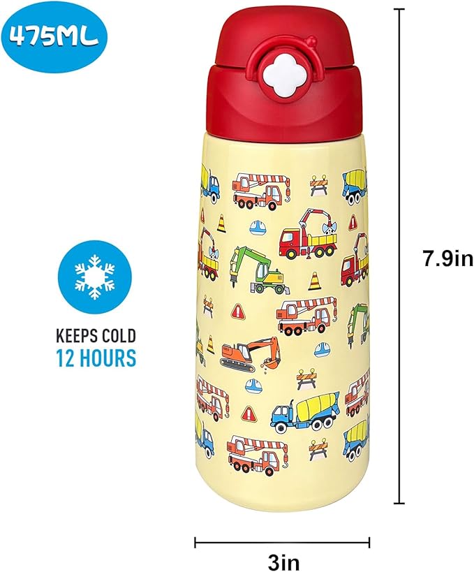 Kids Insulated Water Bottle with Covered Pop-Up Straw,16oz Kids Cups with Stainless Steel Leak Proof for School Boys Girls（Construction）