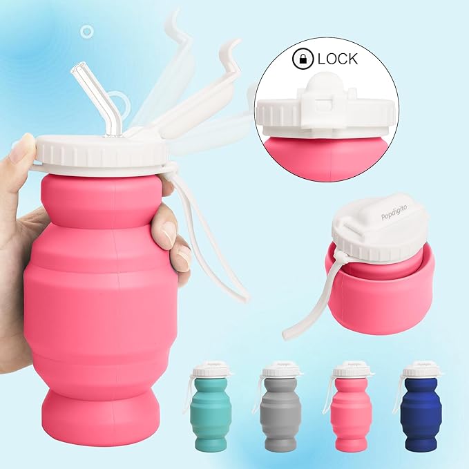 Collapsible Water Bottles,BPA-Free Leak-Proof Silicone Foldable Water Bottle Cup 20.6oz,Durable Lightweight Bottle for Gym Travel Camping Hiking Running (Type2 pink little 320ml)