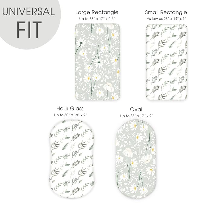 GRSSDER Stretchy Ultra Soft Fitted Bassinet Sheet Set 2 Pack, Universal Fit for Bassinets Baby Cradle Moses Basket Oval Rectangle Mattress, Watercolor Daisy Flowers Bassinet Sheets for Girls
