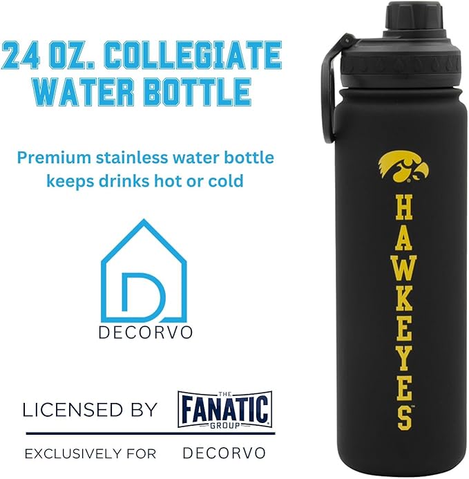 Iowa Hawkeyes Water Bottle - Black Double Walled Stainless Steel 24 oz Keeps Drinks Cold or Hot