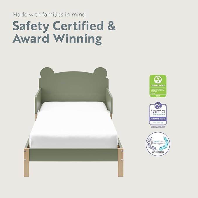 Storkcraft Teddy Bear Toddler Bed (Olive with Driftwood) - GREENGUARD Gold Certified, includes Toddler Safety Guardrails, Fits Standard Crib & Toddler Mattress, Stylish 2-Tone Design