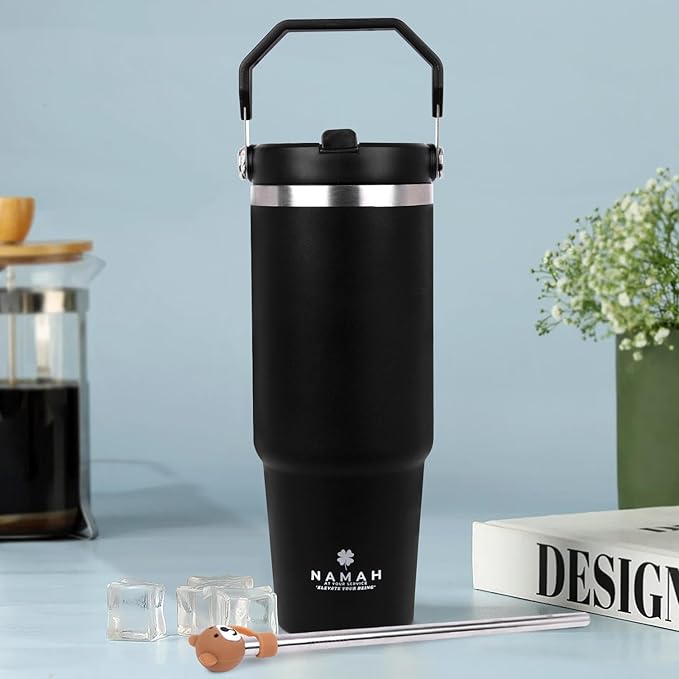 Tumbler with Handle & Extra Cloud LID – 30oz/900ml, Premium 304 Stainless Steel, Insulated Water Bottle, Leak-Proof, Steel Straw, Teddy Straw Cap, Cleaning Brush & Carabiner Hook (Charcoal Black)