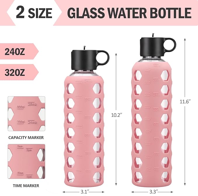 MUKOKO Glass Water Bottles, 32oz Glass Tumbler, Drinking Bottles with 2 Lids-Handle Flip Straw Lid&Bamboo Lid, Motivational Water Bottle with Time Marker and Silicone Sleeve, Leakproof-1 Pack-Pink
