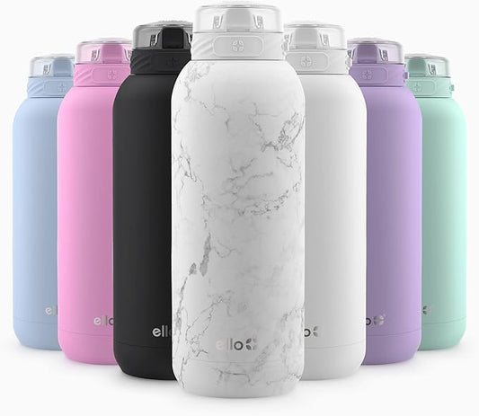 Ello Cooper 32oz Stainless Steel Water Bottle with Straw and Carry Handle, Double Walled and Vacuum Insulated Metal, Leak Proof Locking Lid with Soft Silicone Spout, Reusable, BPA Free, White Marble