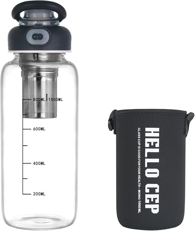 Borosilicate Glass drinking bottles,With Capacity Marker Water Bottle, 34oz Capacity, With Leak-Proof Lid, Stainless Steel Tea Strainer, BPA-Free For hot or cold drinks, coffee, tea and water