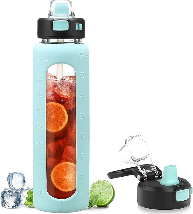 Kodrine Water Bottle with Soft Straw and Carry Loop, 32 oz Glass Water Bottle with Locking Lid, Clear Water Bottles Sports, Drinking Bottle for Travel Home Gym, Leakproof(Light Blue)