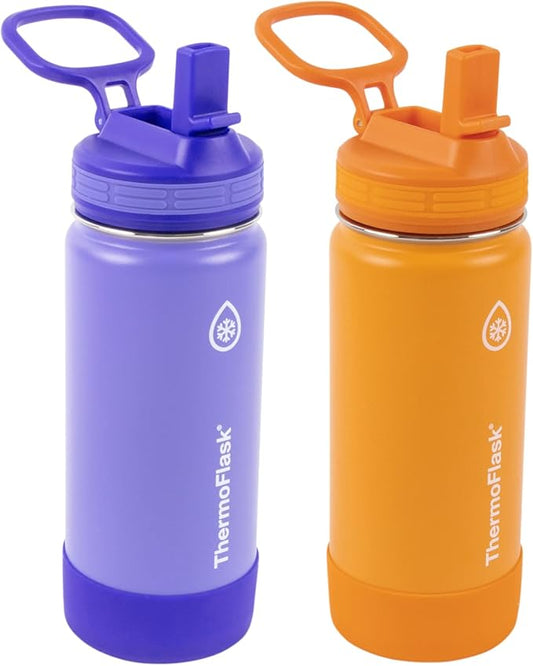ThermoFlask 16 oz Double Wall Vacuum Insulated Stainless Steel 2-Pack of Water Bottles, Purple/Orange