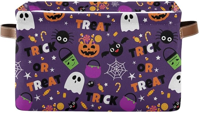 Happy Halloween Purple Storage Basket Fabric Kitchen Baskets Pumpkin Skull Ghost Bat Trick or Treat Open Home Storage Bins Boxes Foldable for Candy Toy Decorations Baskets 16×12×8 Inches