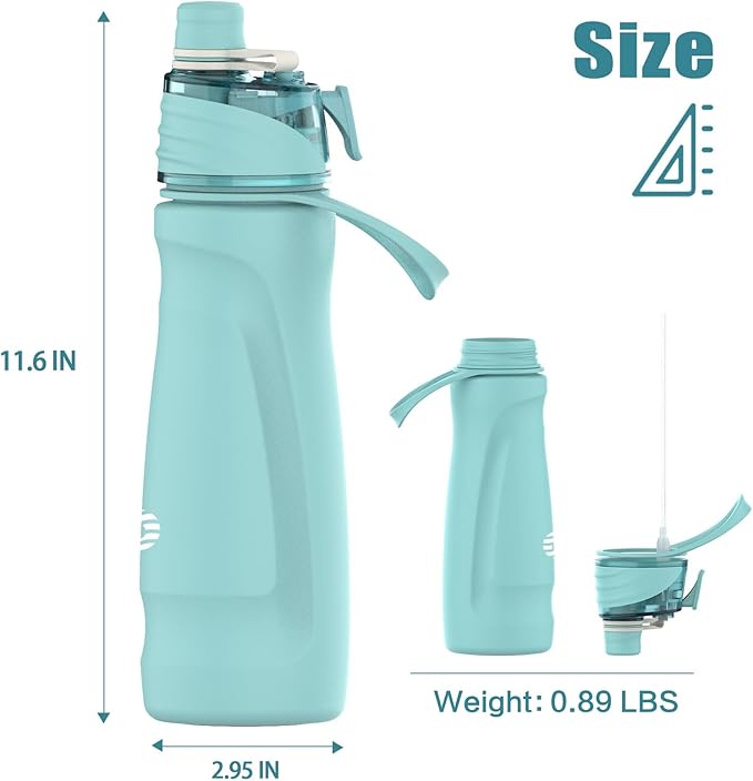 Misting Water Bottle, 24oz Insulated Water Bottle, 2-in-1 Mist & Sip Stainless Steel Water Bottles, Thermo for Hot Drinks/Cold Drinks, Sports Water Bottle for Hiking, Running, Gym, Teal Blue