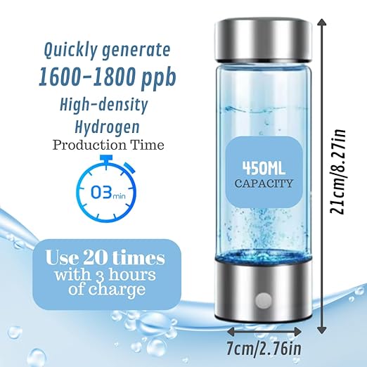 Hydrogen Water Bottle Generator - Up to 1800ppb Hydrogen Concentration - Rechargeable - Hydrogen Water Ionizer Machine with Gift Box, Silver