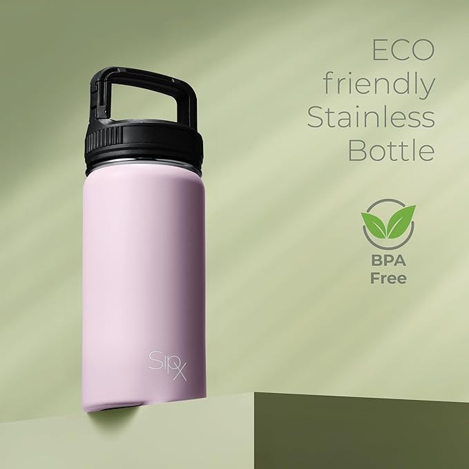 SipX™ Triple-Insulated Stainless Steel Water Bottle 18oz. With 3 Lids, BPA-Free Reusable Insulated Water Bottle Keeps Cold 24 Hours, Metal Water Bottle Made Of Sustainable Material For Hiking & Biking