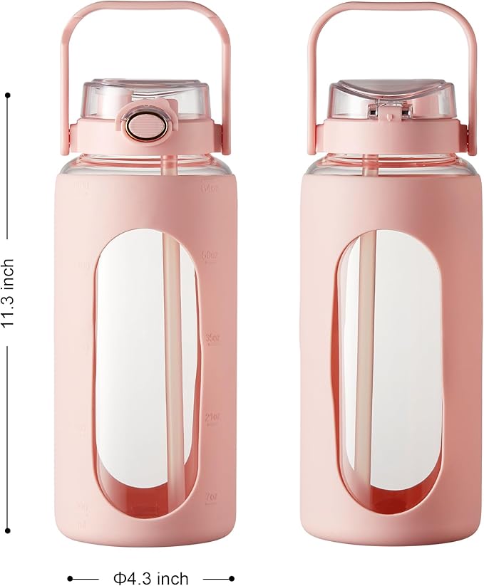 TKK 64 OZ Glass Water Bottle with Straw and Handle Half Gallon Bottle with Silicon Sleeve 2L Sports Water Bottles for Fitness, Gym, Workout - Pink