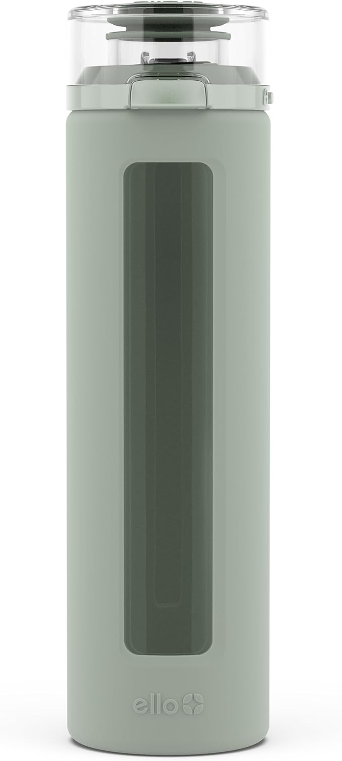 Ello Syndicate Glass Water Bottle with One-Touch Flip Lid and Protective Silicone Sleeve and Carry Loop, BPA Free, Dishwasher Safe,20oz