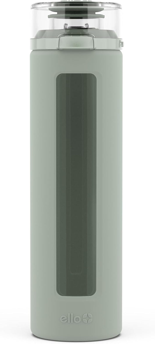Ello Syndicate Glass Water Bottle with One-Touch Flip Lid and Protective Silicone Sleeve and Carry Loop, BPA Free, Dishwasher Safe,20oz
