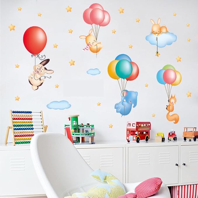 Animals with Balloons Nursery Decor Cute Jungle Animals Safari Balloons Wall Decals Bunny Elephant Fox Peel and Stick Baby Nursery Kids Bedroom Classroom Wall Decor