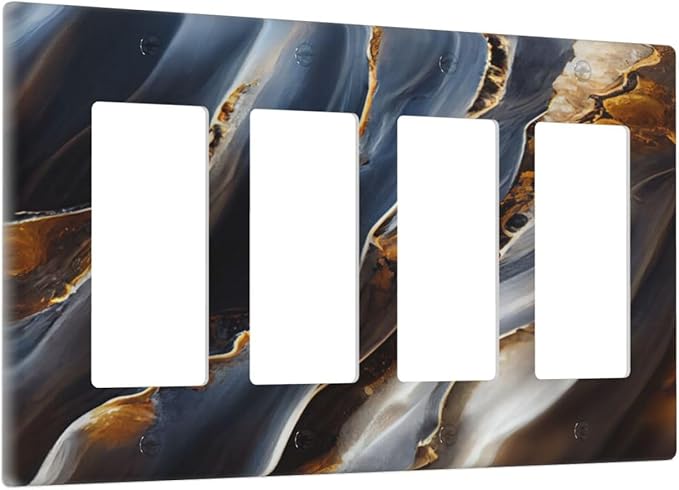 Gradient Abstract Ripple Blue Gold Marble Printed 4 Gang Rocker Decora Light Switch Cover Outlet Covers Wall Plate Decorative Switchplate Electrical Faceplate GFCI for Kitchen Bathroom Bedroom Decor