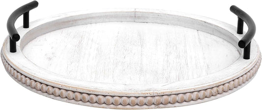 SwallowLiving White Wooden Beaded Serving Tray with Handle Decorative Rustic Whitewashed Tray for Coffee Table Farmhouse Round Tray for Kitchen, Living Room and Bedroom