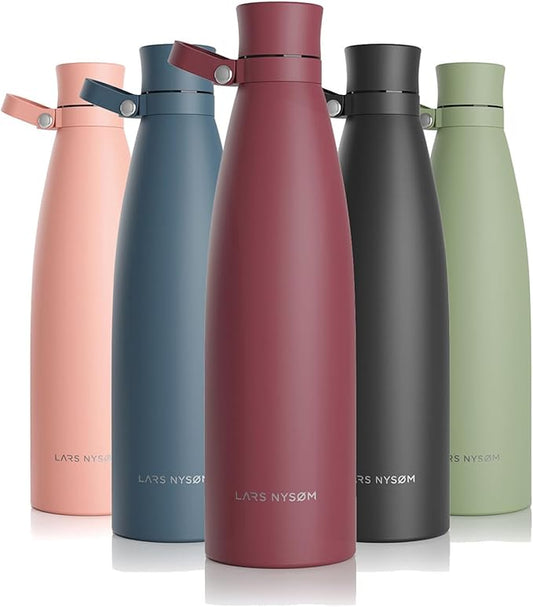 LARS NYSØM Stainless Steel Insulated Water Bottle 25oz 34oz | BPA-free Insulated Thermo Flask for Hot and Cold Beverages | Leakproof Drinking Bottle (Berry, 34oz)