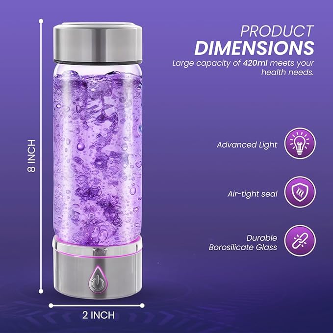 H3O Hydrogen Water Bottle - Hydrogen-Infused Water Machine with Built-in Purple Protective Light - Portable Water Ionizer for Hydration, Energy, Sleep Quality - 3000PPB Hydrogen Ions per Cycle