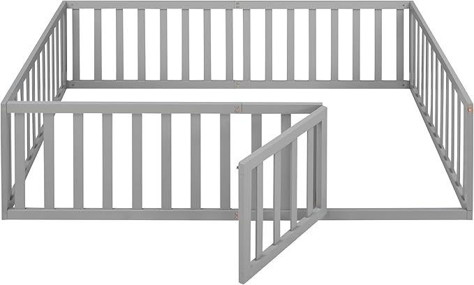 Full Size Floor Bed with Fence, Solid Wood Floor BedFrame for Kids with Door, Twin Platform Bed for Boys and Girls Kids Teens, Fun Design, for Children Bedroom