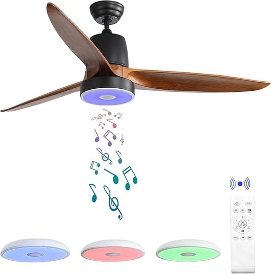 52 Inch Wood Ceiling Fan with RGB Dimming LED Light,with Music Bluetooth Speaker,Remote Control,3-Speed Regulation, Reversible Motor,Timing,for Living Room,Bedroom,Restaurant,Outdoor