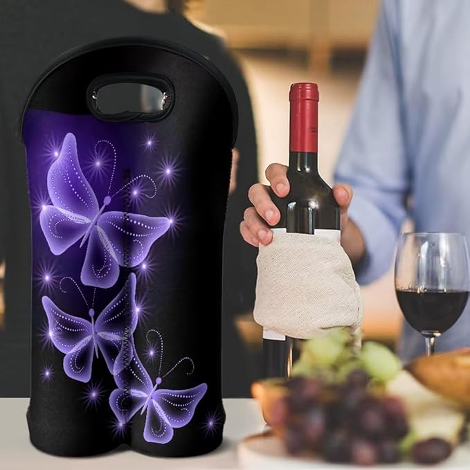 doginthehole Butterfly Wine Carrier Tote Bag 2 Bottle Pockets Insulated Neoprene Wine/Water Bottle Holder for Travel with Secure Carry Handle, Portable Wine Carrying Bag Gift for Women Wine Lovers