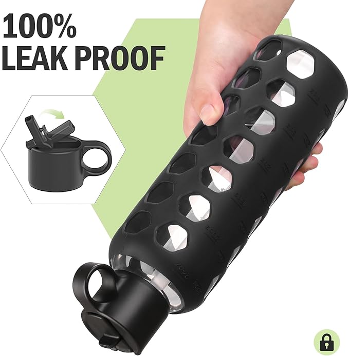 MUKOKO Glass Water Bottles, 24oz Glass Tumbler, Drinking Bottles with 2 Lids-Handle Flip Straw Lid&Bamboo Lid, Motivational Water Bottle with Time Marker and Silicone Sleeve, Leakproof-1 Pack-Black