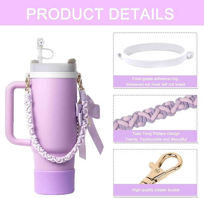 Stanley Cup Accessories Set- Water Bottle Handle Strap, Stanley Cup Protective Silicone Boot, Bow Design Stanley Charms for Stanley Cup 40oz /30 oz Tumbler Purple Stanley Cup Accessories