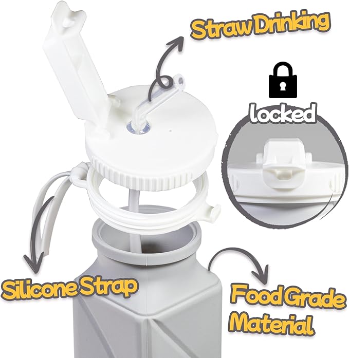 Collapsible Water Bottle, Silicone Foldable Water Bottles For Travel, Easy-To-Carry Design And Compact Size, BPA Free, 20 oz (Grey (cuboid))