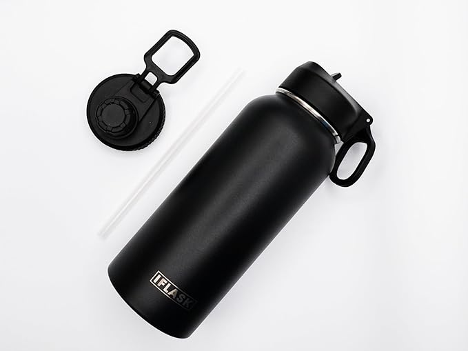 Sport Travel Outdoor Water Bottle with Spout and Straw Lids | Leak Proof | Insulated Stainless Steel Double Walled | BPA and Sweat free | Hot & Cold | For Kids Men & Women (Black, 32 oz)