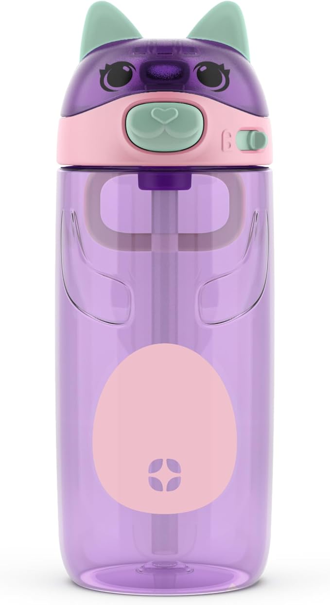 Ello Ellies 16oz Plastic Kids Water Bottle with Straw and Built-in Carrying Handle and Leak-Proof Locking Lid for School backpack, Lunchbox and Outdoor Sports