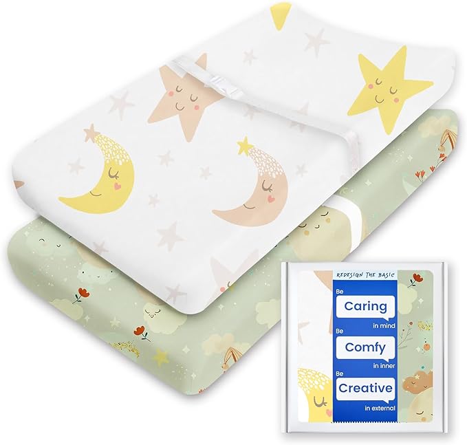 Extra Stretchy Changing Pad Cover, TotBasic Ultra Soft Premium Jersey Knit Changing Pad Sheets, Unisex for Boys Girls, Fits All Standard Changing Tables/Dresser Tops - 2 Pack (Planet & Moon)