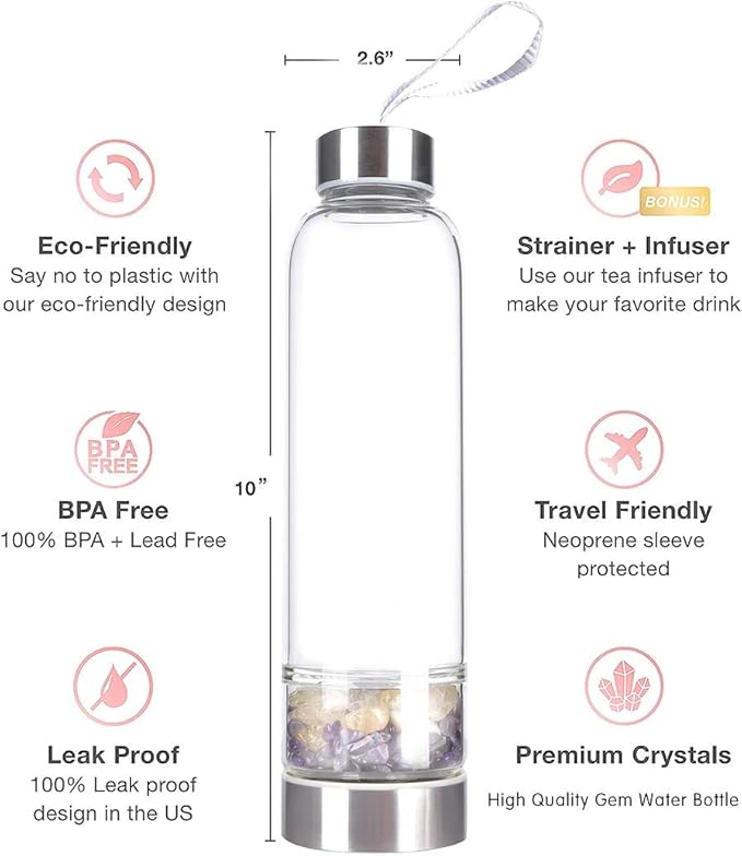 Crystal Glass Water Bottle Natural Crystal Energy Bottle with Changeable Natural Crystal Stons for Healing and Wellness Gem Elixir Infused Glass Water Bottle